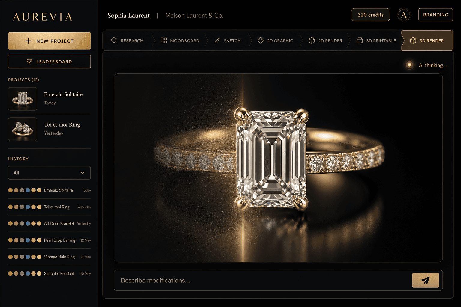 The Aurevia workspace: a photoreal emerald-cut ring render inside the seven-stage design pipeline